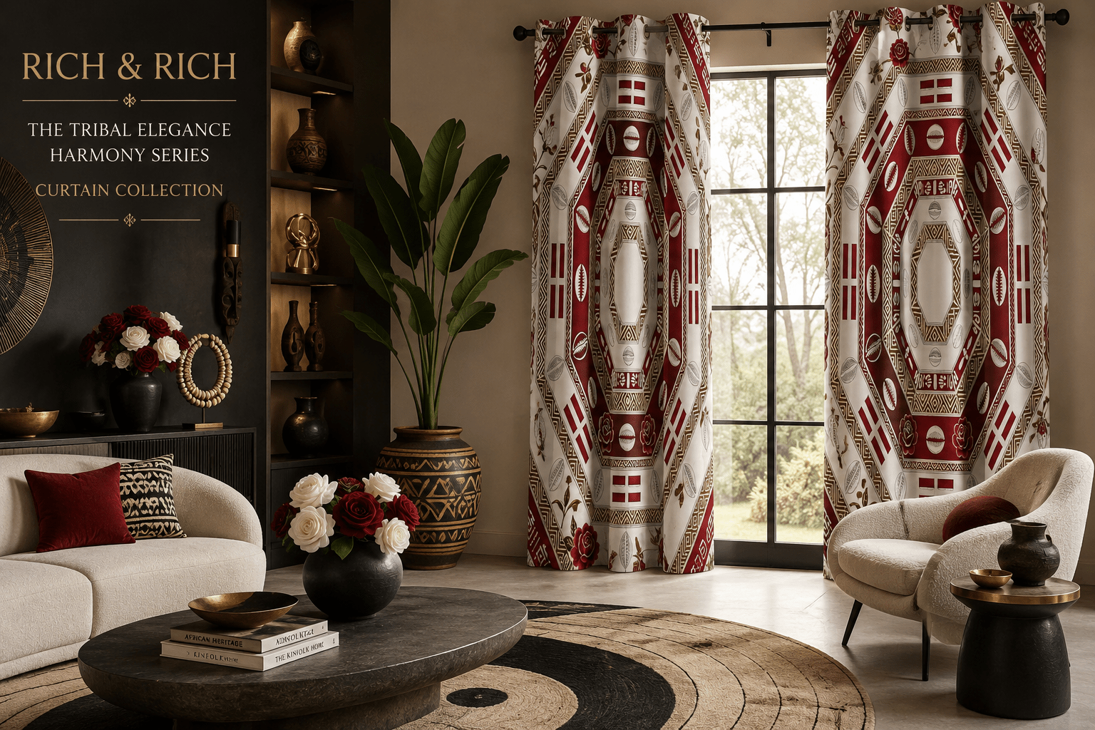 Crimson tribal blackout curtain panel 52 x 84 with metal grommets and bold pattern