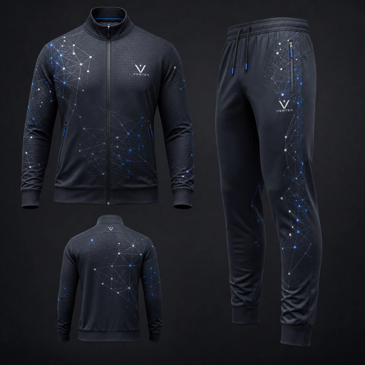 Vertex Quantum Mesh Tracksuit in olive with black geometric Vertex menswear design