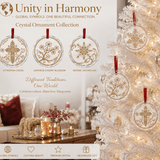 Three round crystal glass ornaments with Nordic snowflake, cherry blossom, and Ethiopian cross designs
