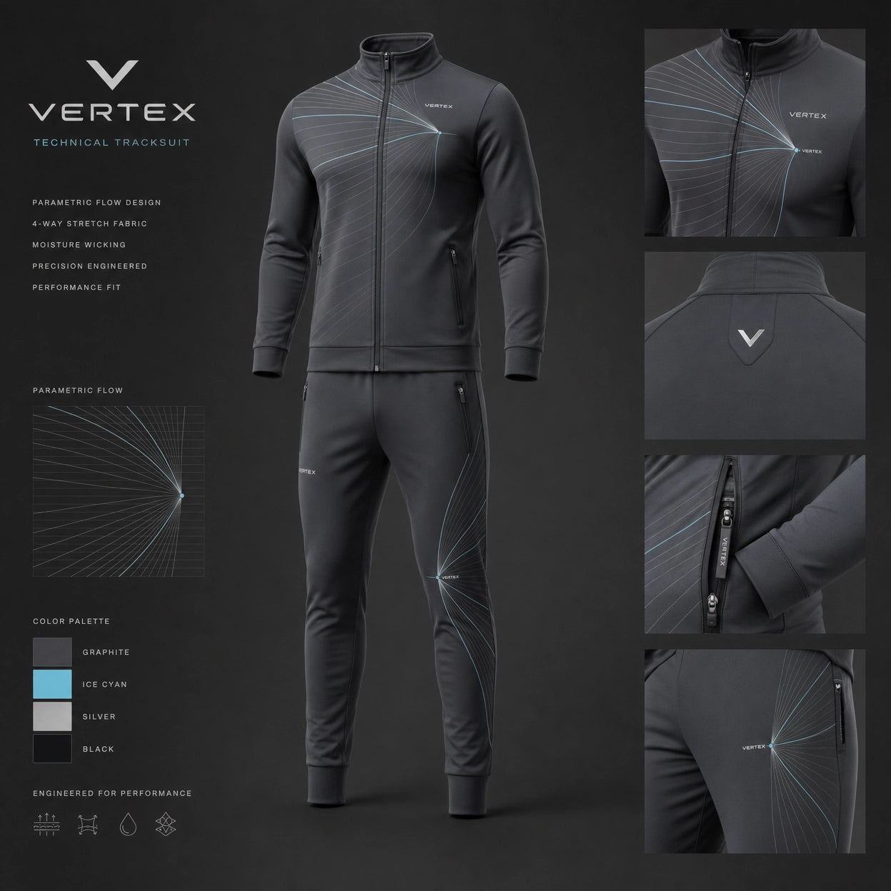 Vertex Parametric Wave Tracksuit in olive with black geometric Vertex menswear design