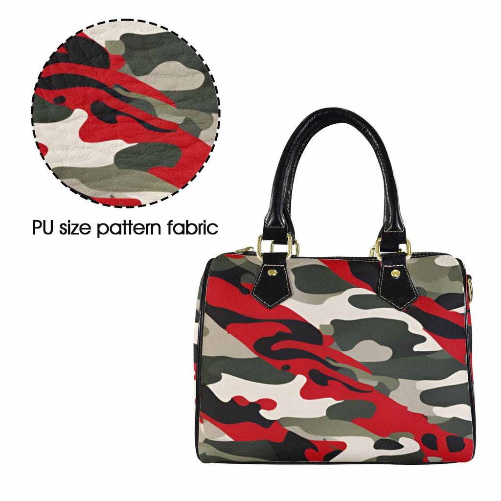 R&RH Red and Green Camouflage Women's PU Leather Handbag with zipper and pocket details