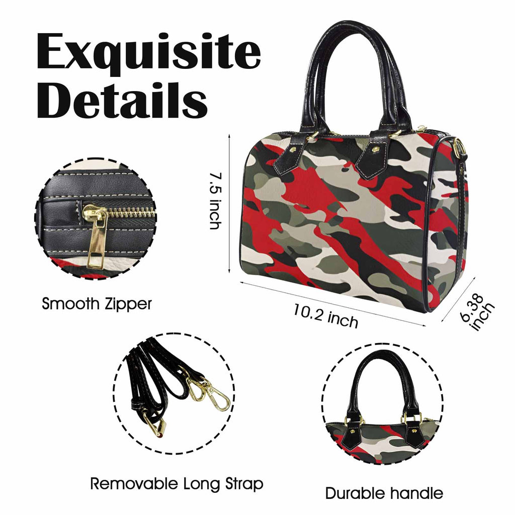 R&RH Red and Green Camouflage Women's PU Leather Handbag with zipper and pocket details