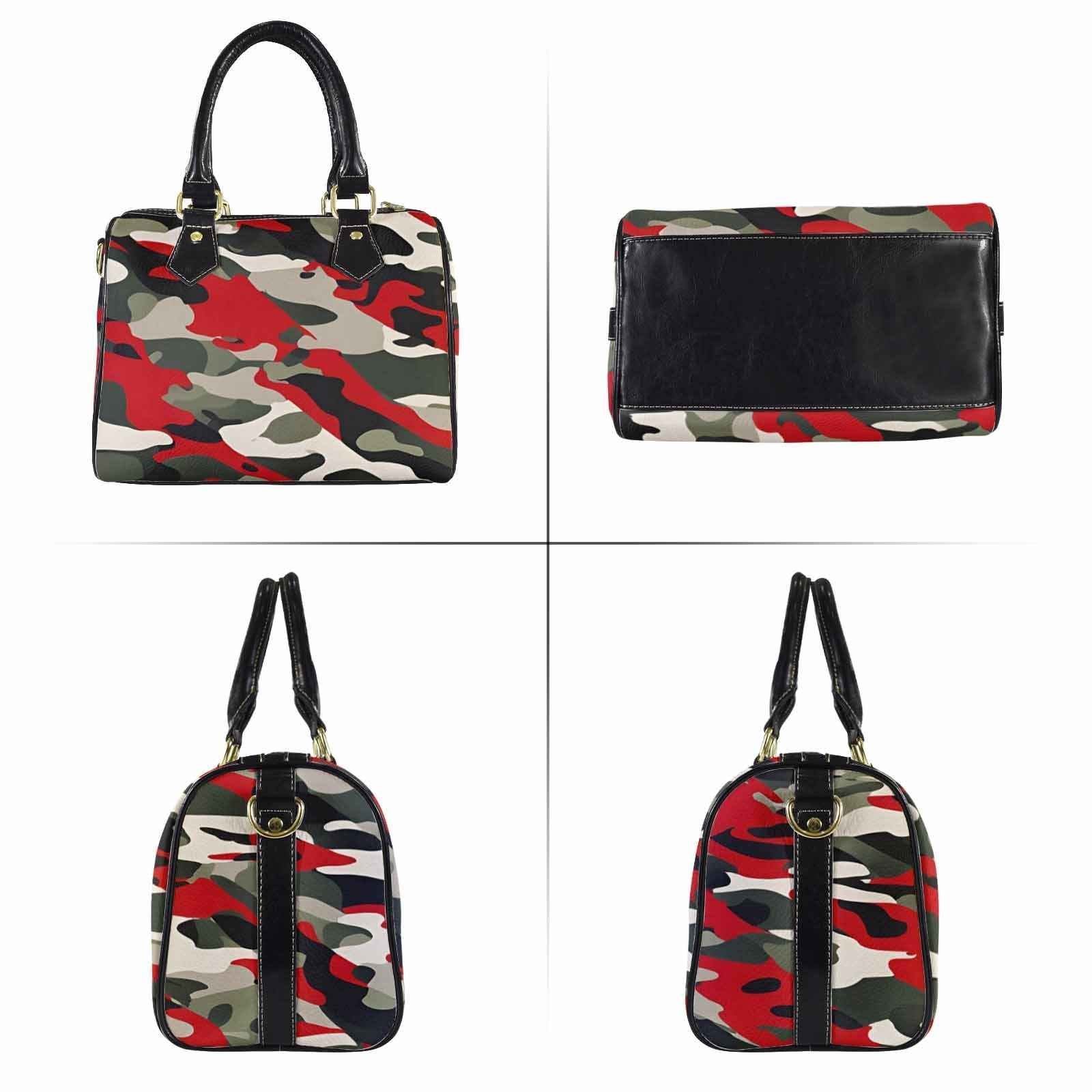 Red and green camouflage PU leather handbag with top zipper, removable strap and black handle — side view
