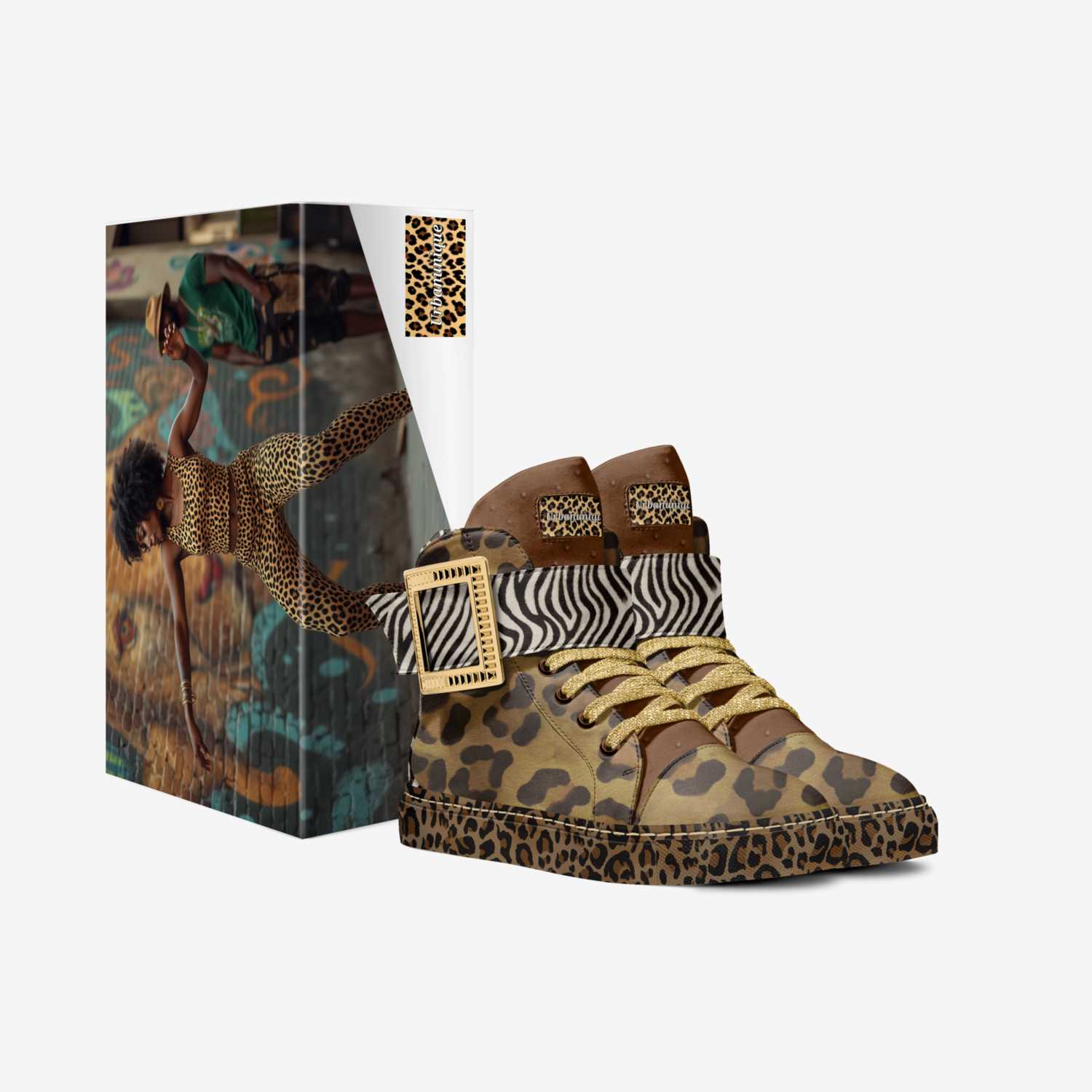 Brown animal print high-top women's sneaker with monk strap and rubber sole — alternate view