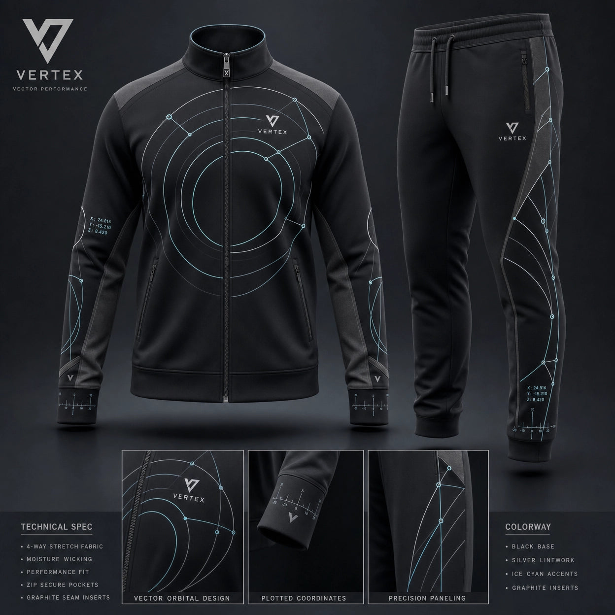 Vertex Vector Orbit Tracksuit in charcoal with silver geometric Vertex menswear design