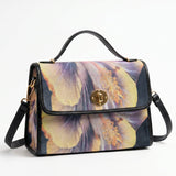 Black waterproof canvas handbag with lavender floral print and PU leather handles — additional view 8