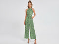 Rich and Rich Women's Green Abstract Print Halter Neck Belted Designer Chiffon Jumpsuit - Rich and Rich Homeopportunities