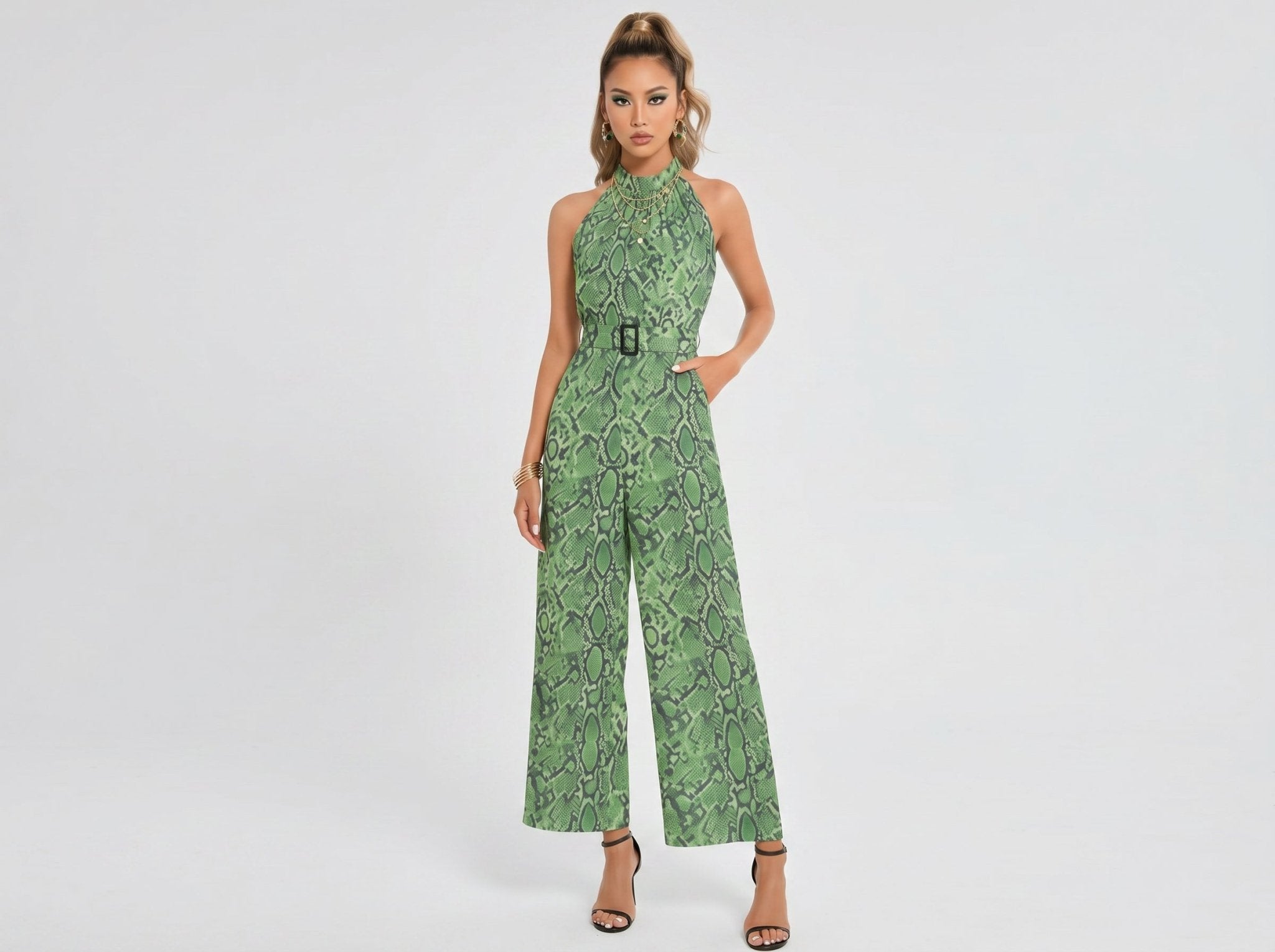Rich and Rich Women's Green Abstract Print Halter Neck Belted Designer Chiffon Jumpsuit - Rich and Rich Homeopportunities
