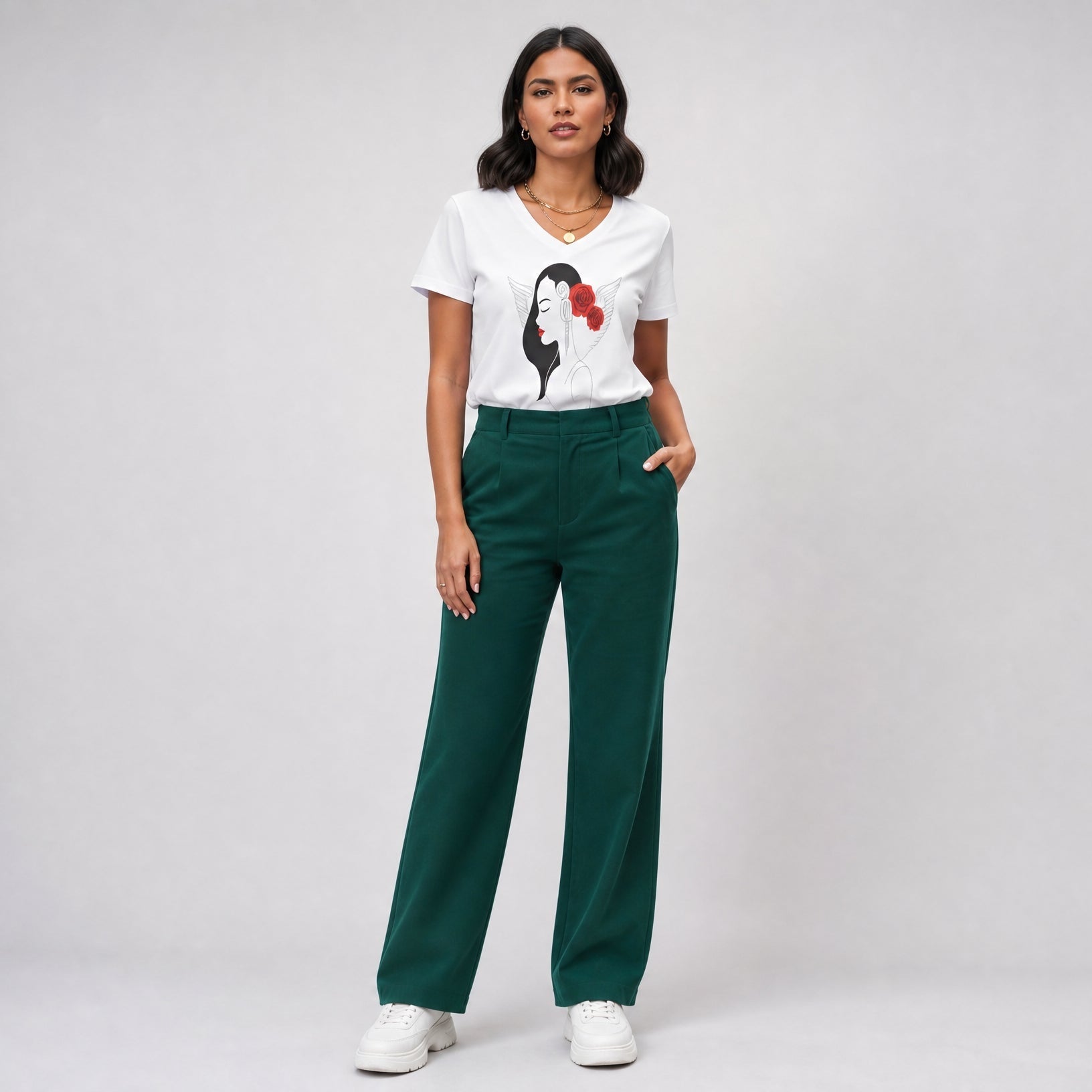 Women's light cotton t-shirt with rose design in a slim, fitted cut — additional view 8