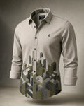 Vertex Isometric City Button-Up Shirt in stone with olive geometric Vertex menswear design