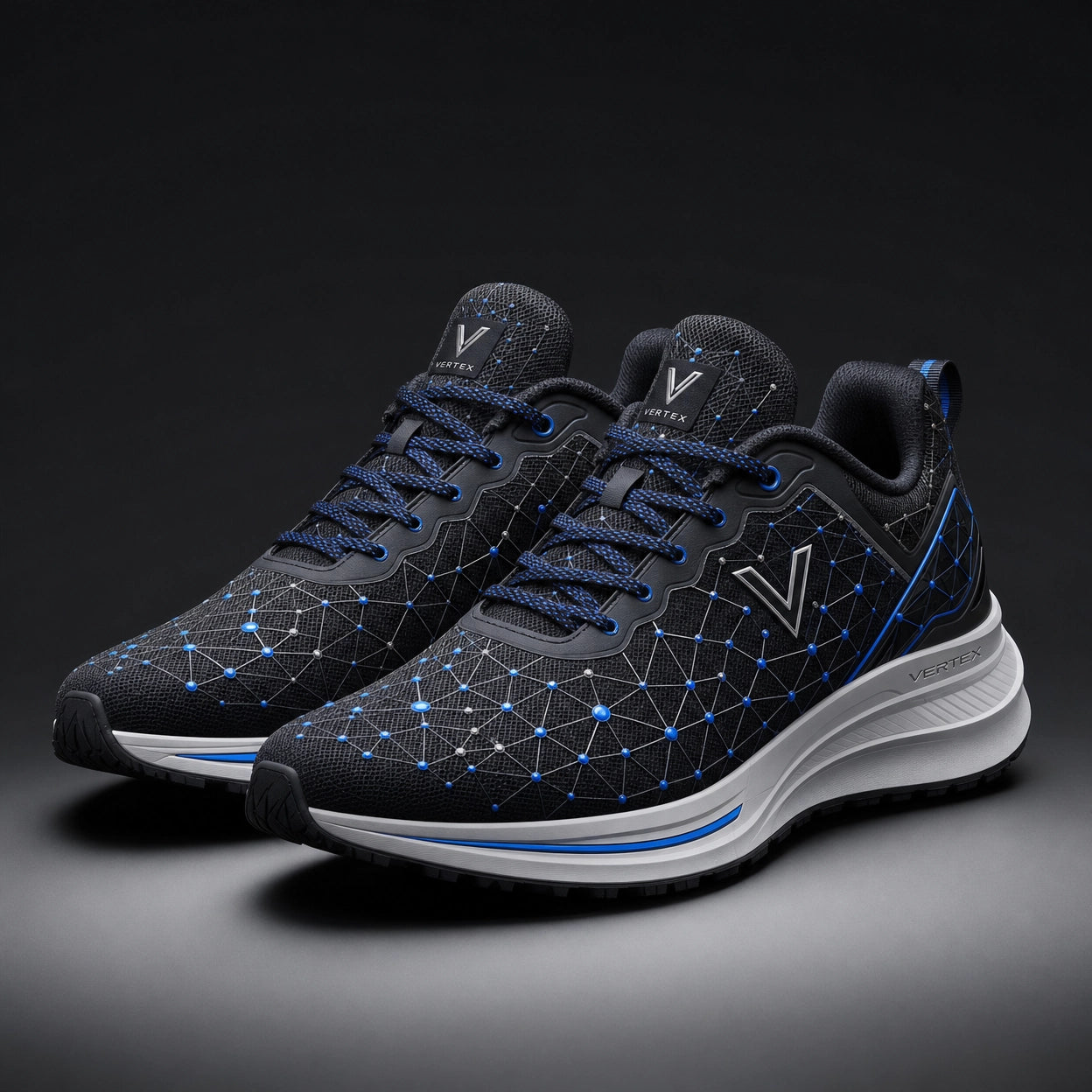 Vertex Quantum Mesh Sneaker in graphite with electric blue geometric Vertex menswear design