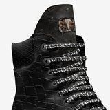 Black and red high-top women's boot with lugged sole and oversized logo tongue — additional view 7