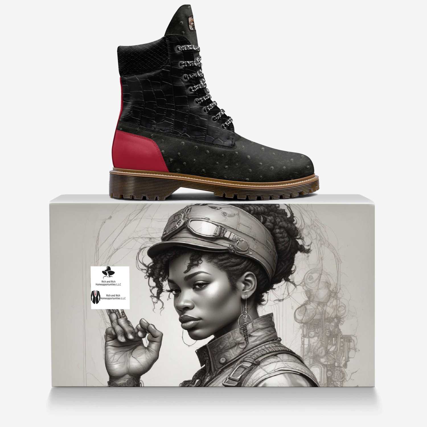 Black and red high-top women's boot with lugged sole and oversized logo tongue — product detail