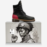 Black and red high-top women's boot with lugged sole and oversized logo tongue — product detail