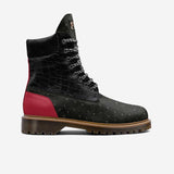 Black and red high-top women's boot with lugged sole and oversized logo tongue — side view