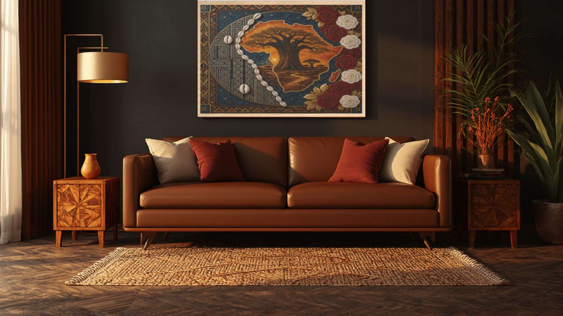 Horizontal wooden jigsaw puzzle depicting a mosaic sunset over Africa with roses, 1000 pieces