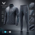 Vertex Hex Core Tracksuit in deep navy with ice cyan geometric Vertex menswear design