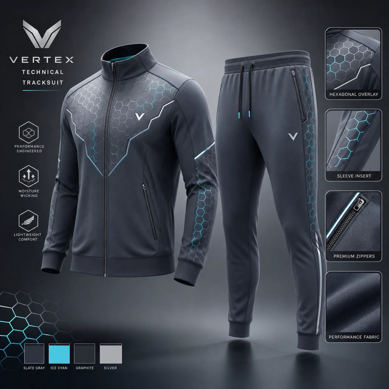 Vertex Hex Core Tracksuit in deep navy with ice cyan geometric Vertex menswear design