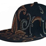 Black abstract snapback hat with flat brim, adjustable snapback closure and contrasting crown button — alternate view