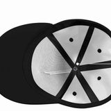 Black abstract snapback hat with flat brim, adjustable snapback closure and contrasting crown button — product detail