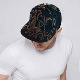 Black abstract snapback hat with flat brim, adjustable snapback closure and contrasting crown button — rear view
