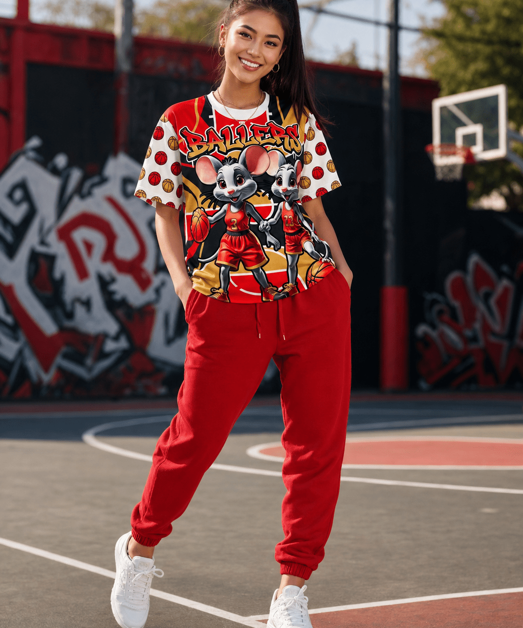 Red t-shirt with cartoon mice in basketball gear on a red and gold court background