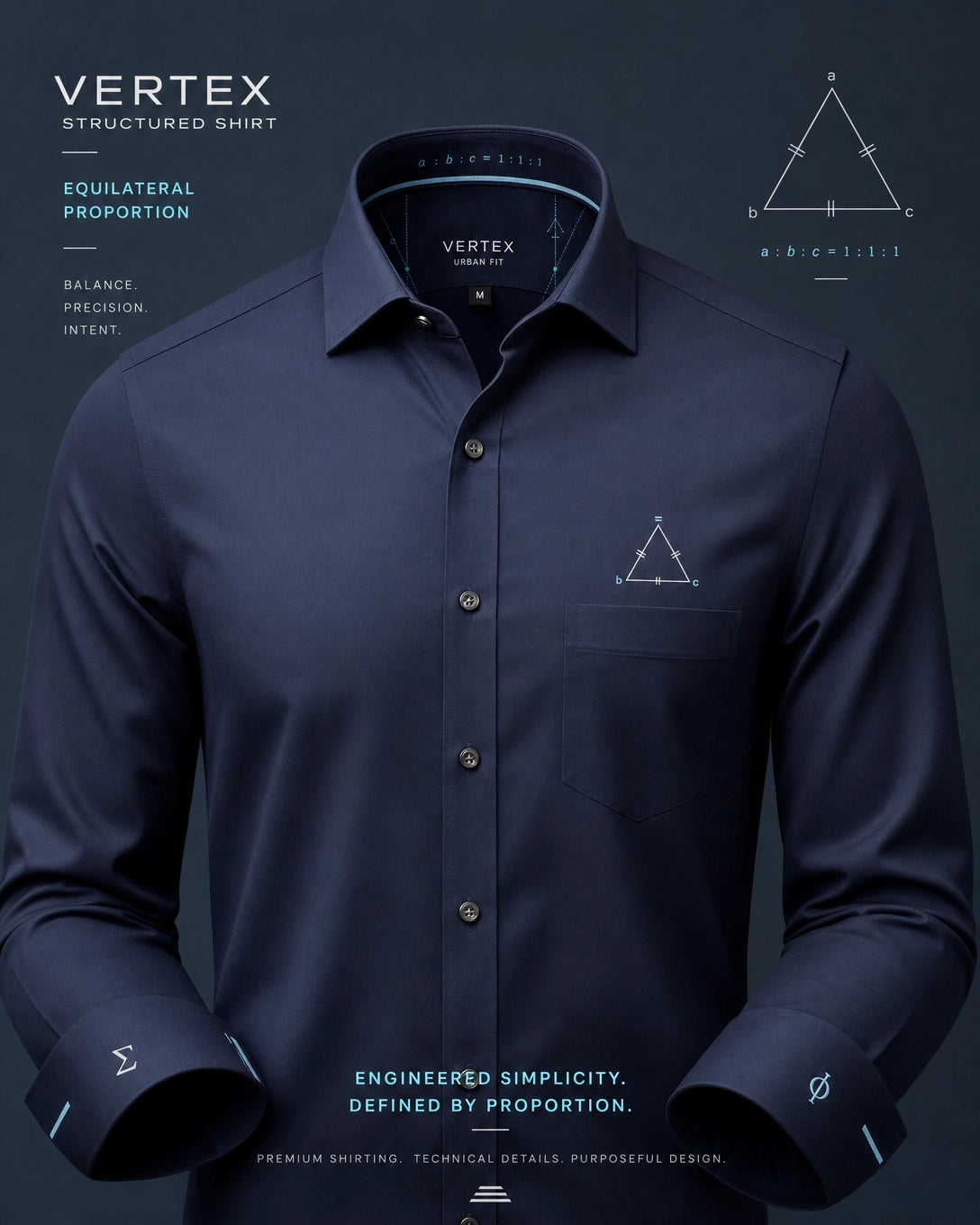 Vertex Equilateral Mark Button-Up Shirt in deep navy with silver geometric Vertex menswear design