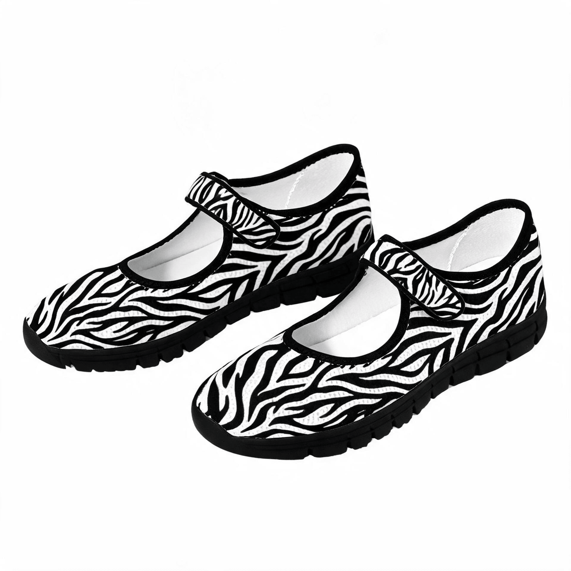 Women's Mary Jane shoes in black and white zebra pattern with Velcro strap and mesh upper — additional view 15