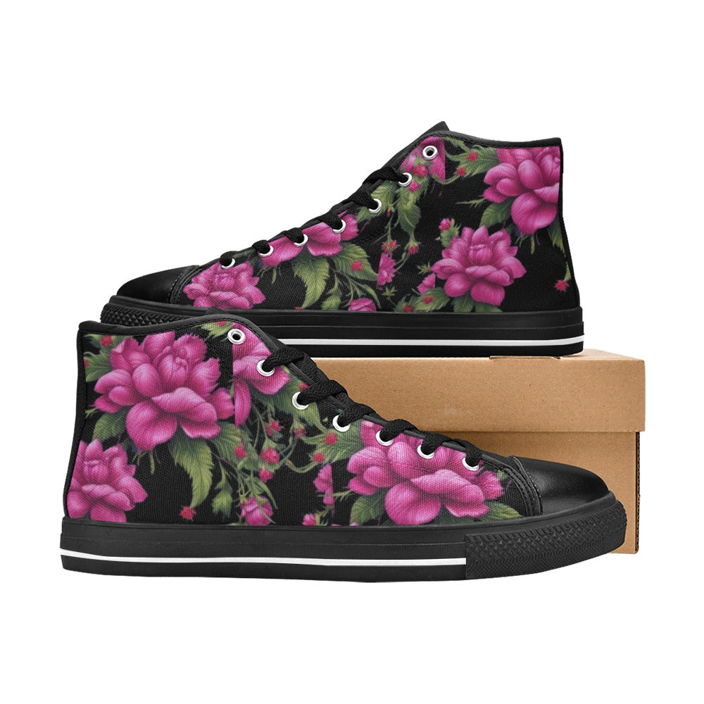 R&RH Fushia Roses Women's Classic High Top Canvas Shoes with vibrant floral design
