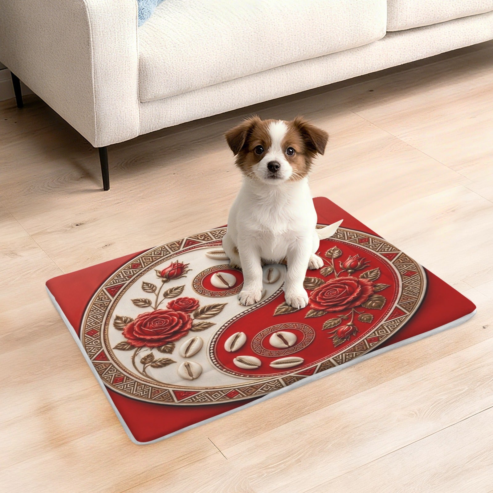 Plush Yin-Yang pet mat with tribal accents and floral details in black and ivory, 25 by 18 inches — product detail