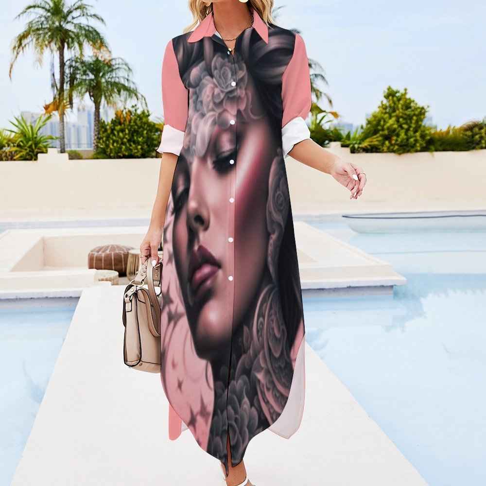 Pink peach long-sleeve button-up shirt dress with split hem and all-over print — product detail