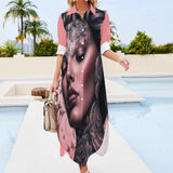 Pink peach long-sleeve button-up shirt dress with split hem and all-over print — product detail
