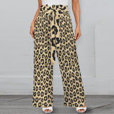 Brown animal print wide-leg women's pants with elastic waistband, tied belt, and side pockets — alternate view