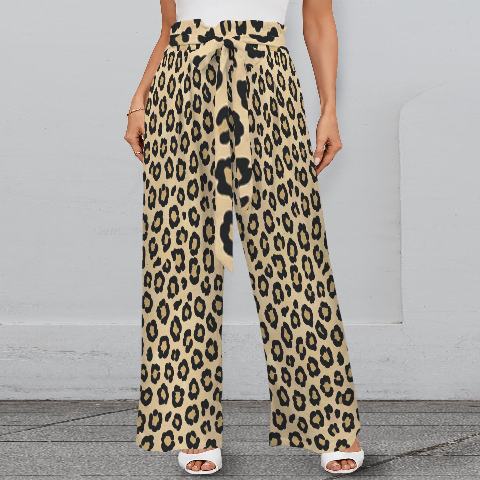 Brown animal print wide-leg women's pants with elastic waistband, tied belt, and side pockets — alternate view