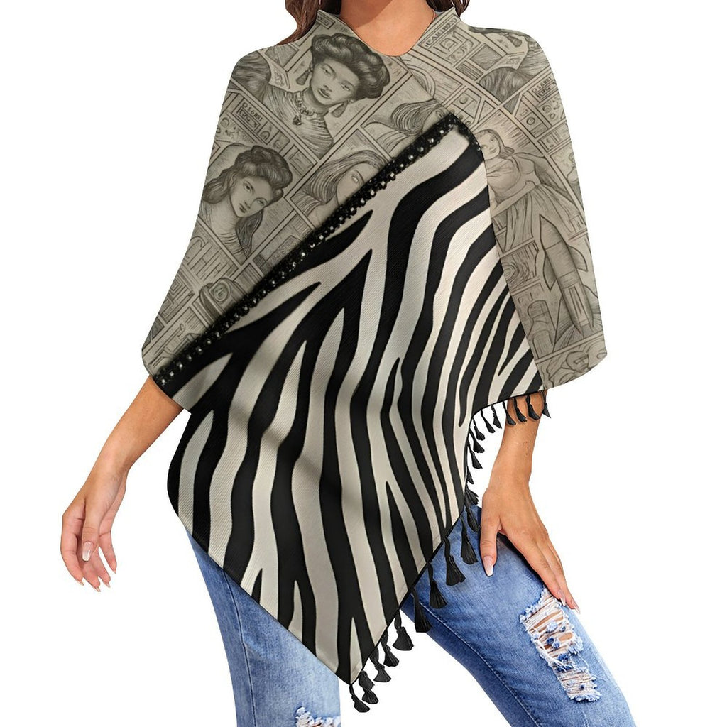 Rich and Rich Black and Beige Women's Tassel Cape with loose cardigan style