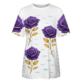 Women's cotton t-shirt with all-over Lavender Rose floral print and round neckline — side view