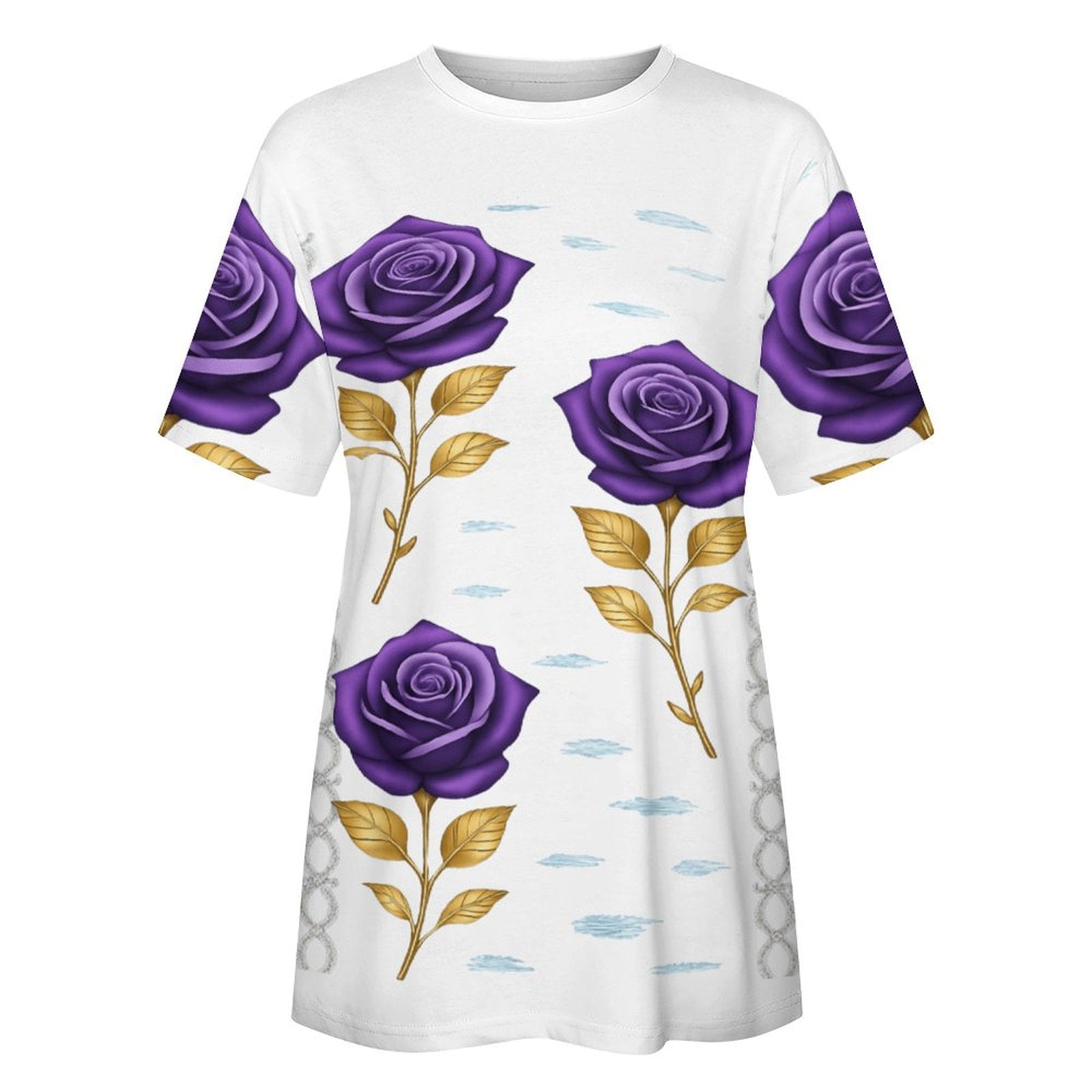Women's cotton t-shirt with all-over Lavender Rose floral print and round neckline — side view