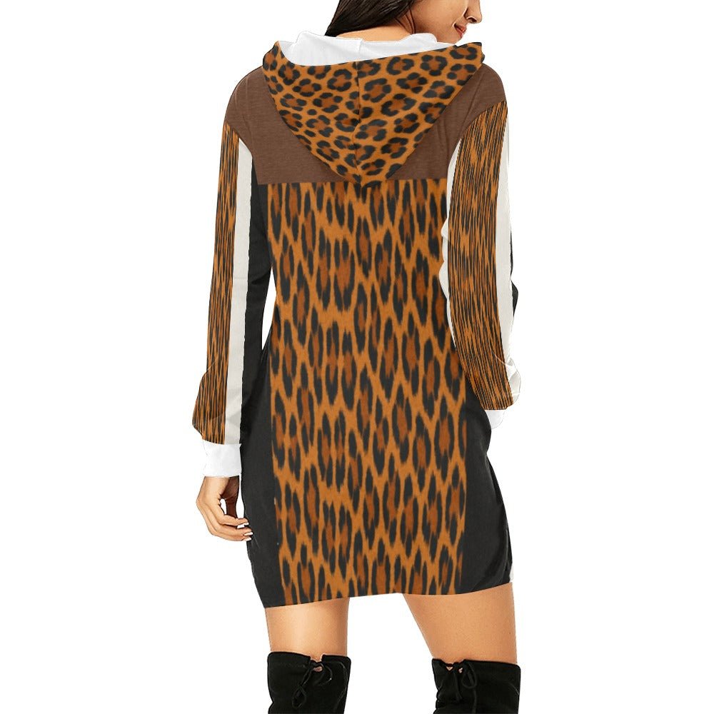 Oversized black and white animal print hoodie dress with hood, long sleeves and deep pockets — product detail