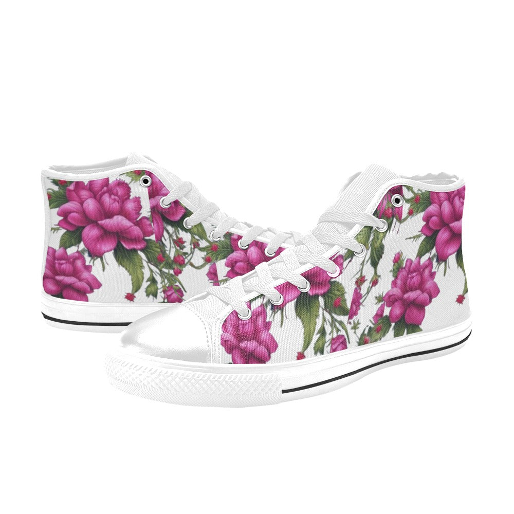 R&RH Fushia Roses women's high top canvas sneakers with vibrant floral design