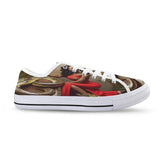 Red low-top women's sneaker with all-over caricature print and flexible rubber sole — additional view 10