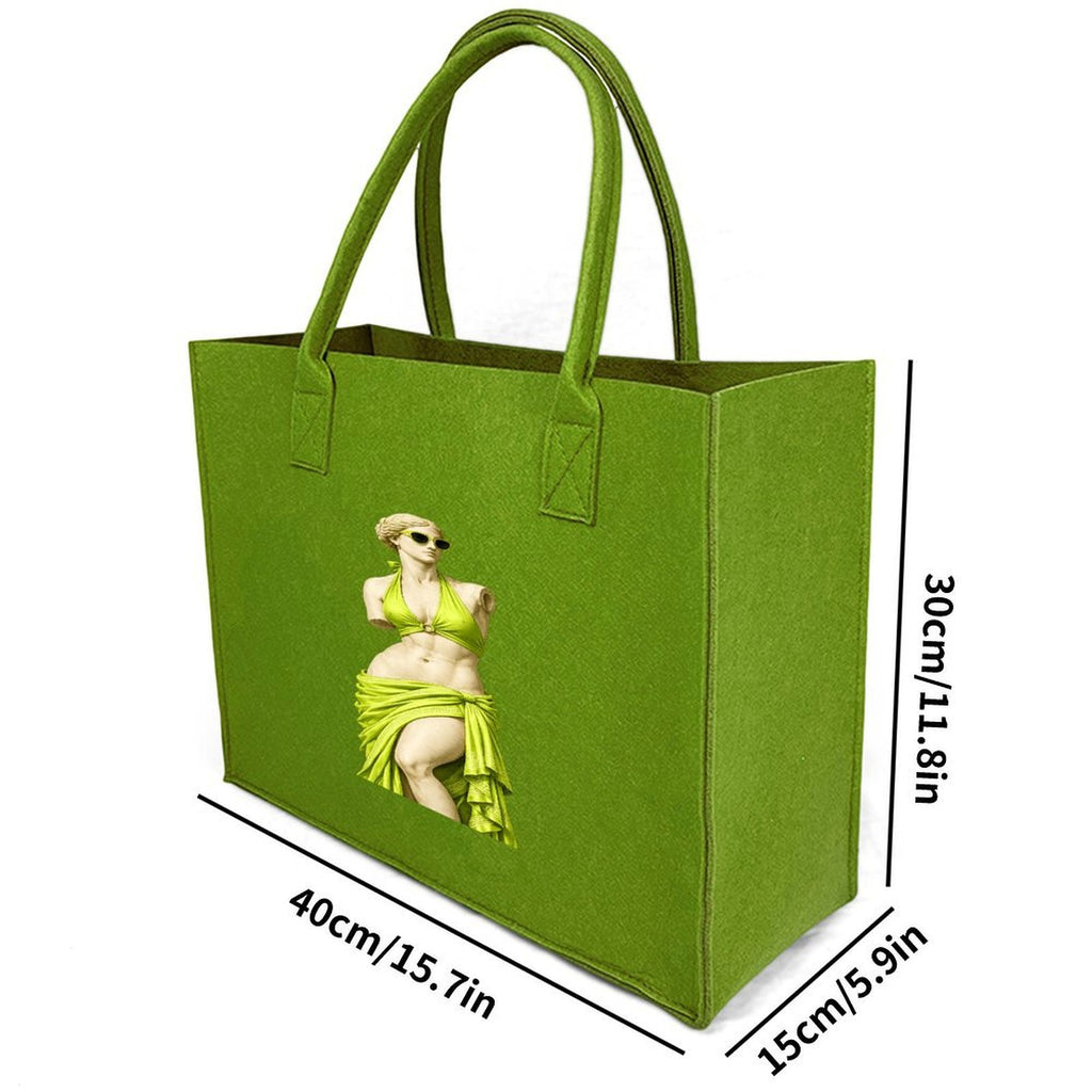 Light green felt tote bag dimensions showing 15.7 inch width and depth