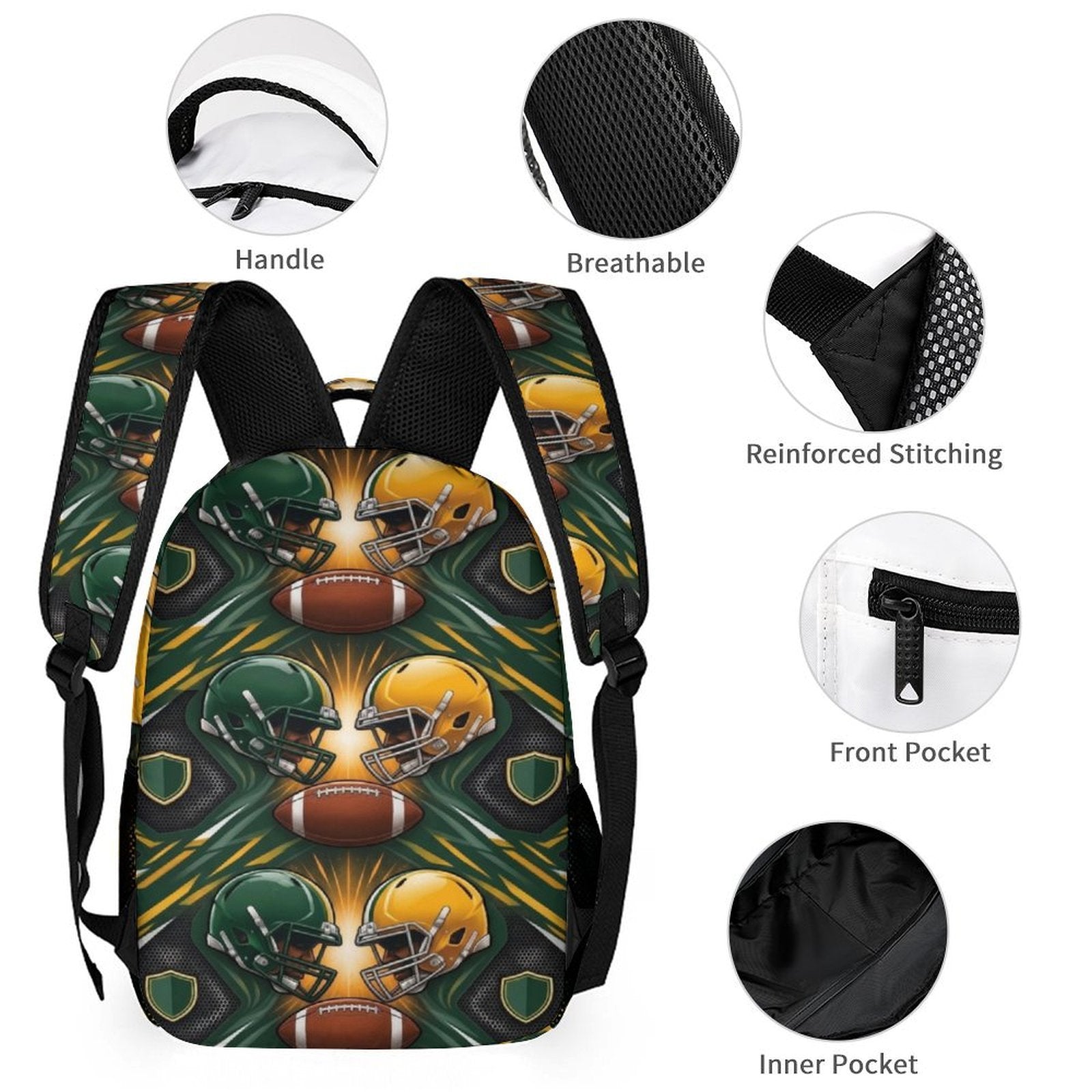 Green football‑themed backpack with matching insulated lunch bag and pencil case, sport graphic — additional view 7