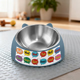 Pet bowl with doggy dialogue artwork and removable stainless steel inner insert — side view