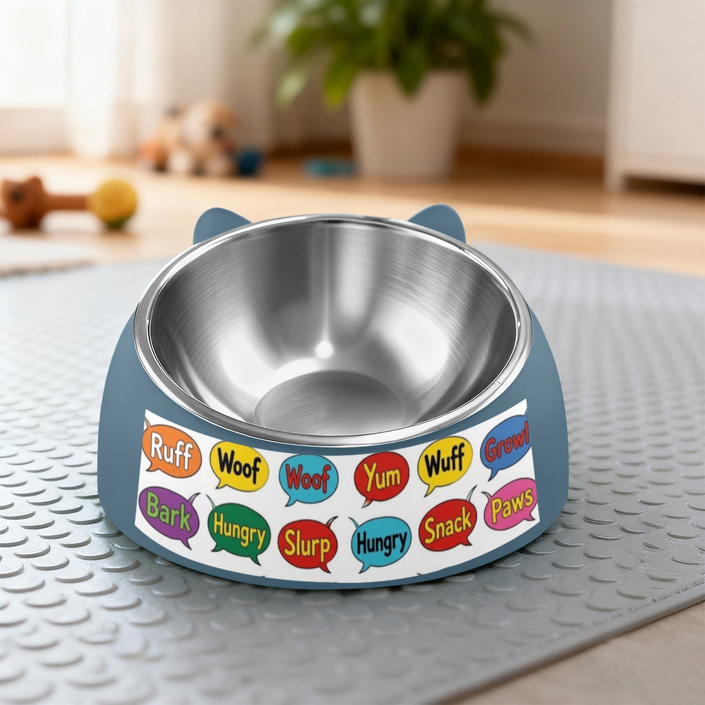 Empty blue pet bowl with brushed metal interior on silicone mat