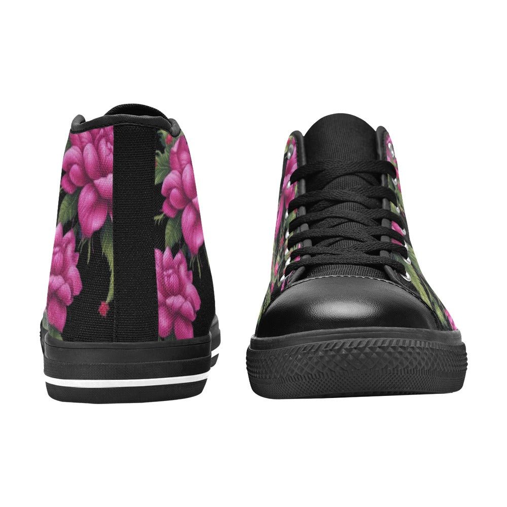 Women's high-top canvas shoes with fuchsia rose print, lace-up front and rubber outsole — side view