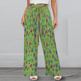 Green floral wide-leg women's pants with elastic waistband, tied belt, and side pockets — alternate view