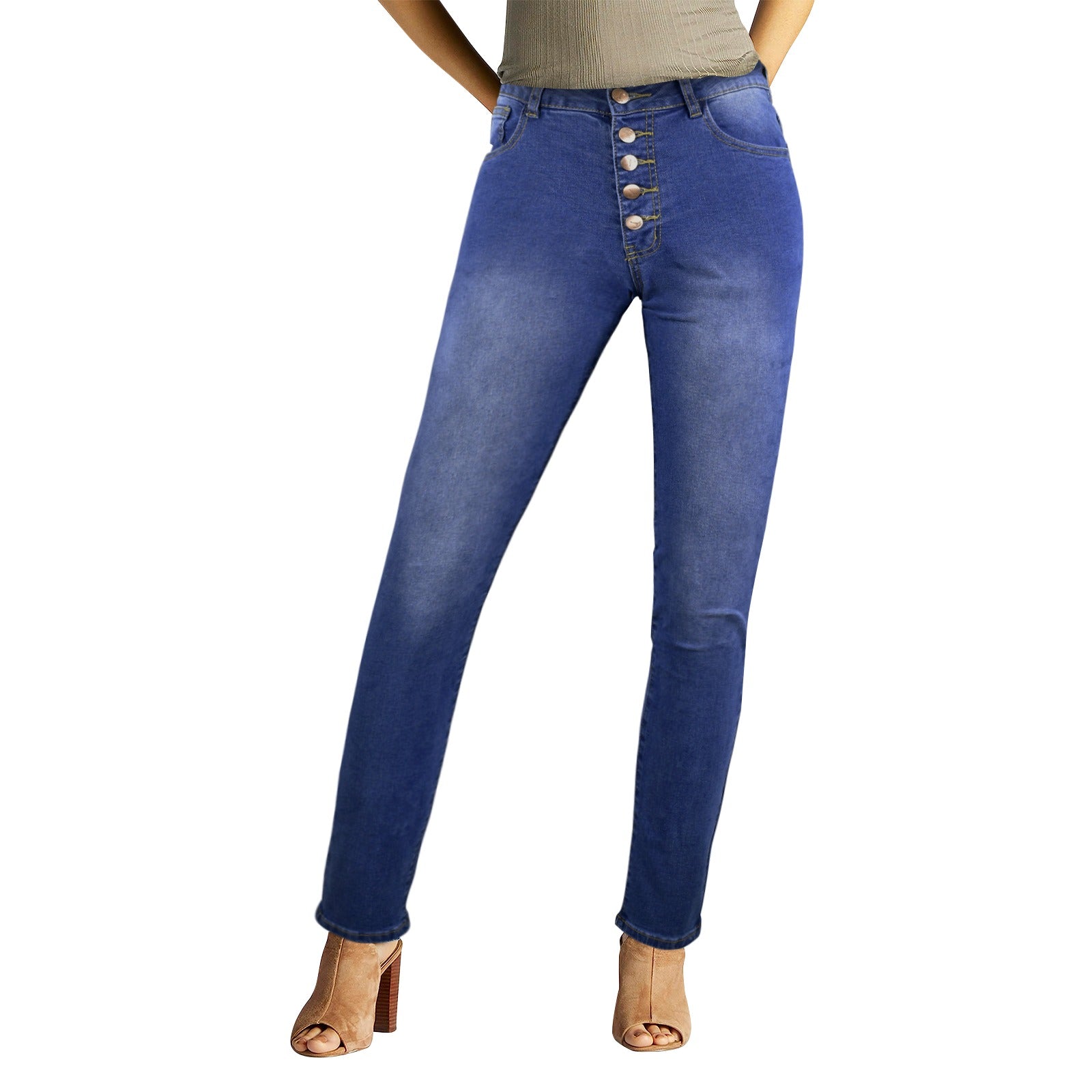 Women's high-waist blue jeans with button-front closure and four pockets