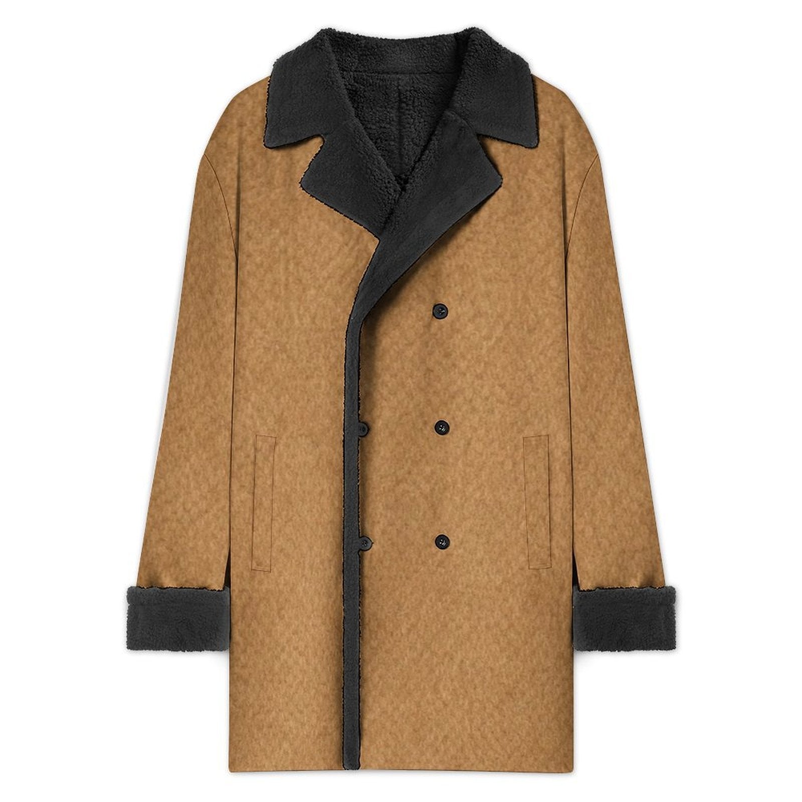 Men's knee-length tan double-breasted coat with black sherpa fleece lining — alternate view
