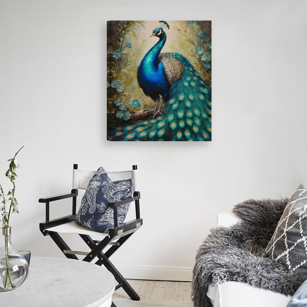 Vertical 20x24 inch peacock decorative canvas painting with vibrant colors and hand-framed detail