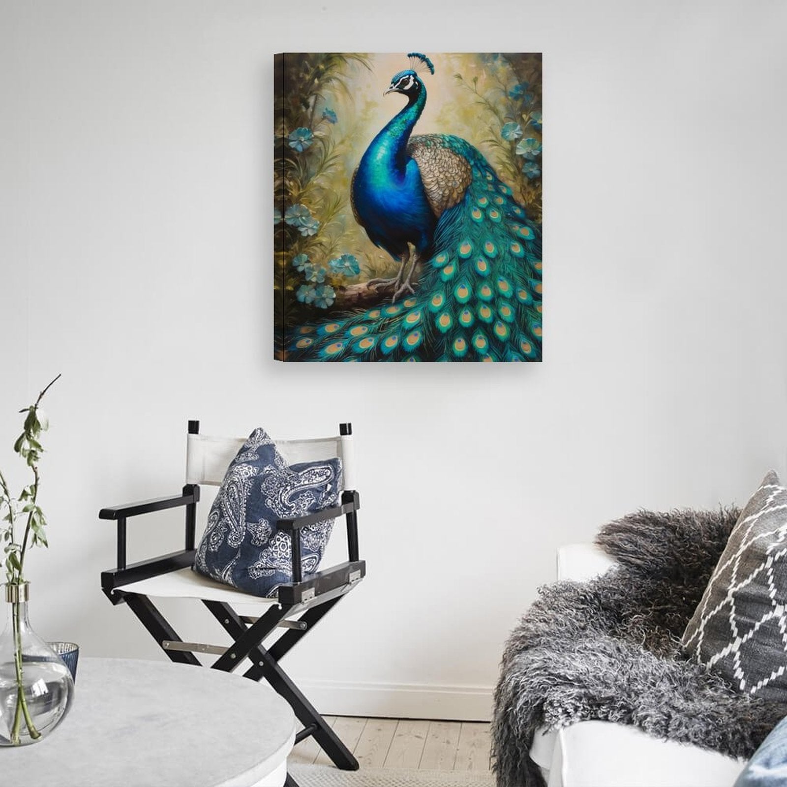 Vertical 20x24 inch peacock decorative canvas painting with vibrant colors and hand-framed detail